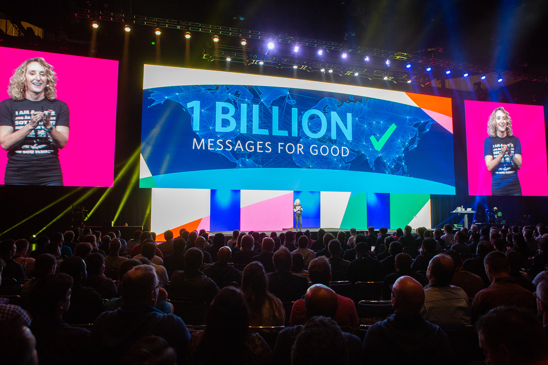 Twilio keynote with 1 Billion Messages for Good displayed on massive stage screens